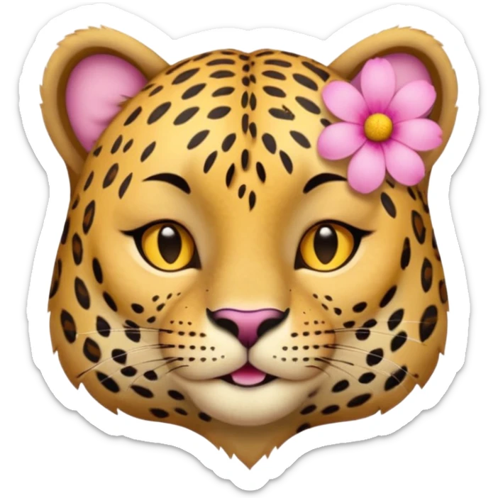 eyes closed, A leopard with peaceful smile, A pink flower with a yellow center is tucked behind its right ear
 sticker