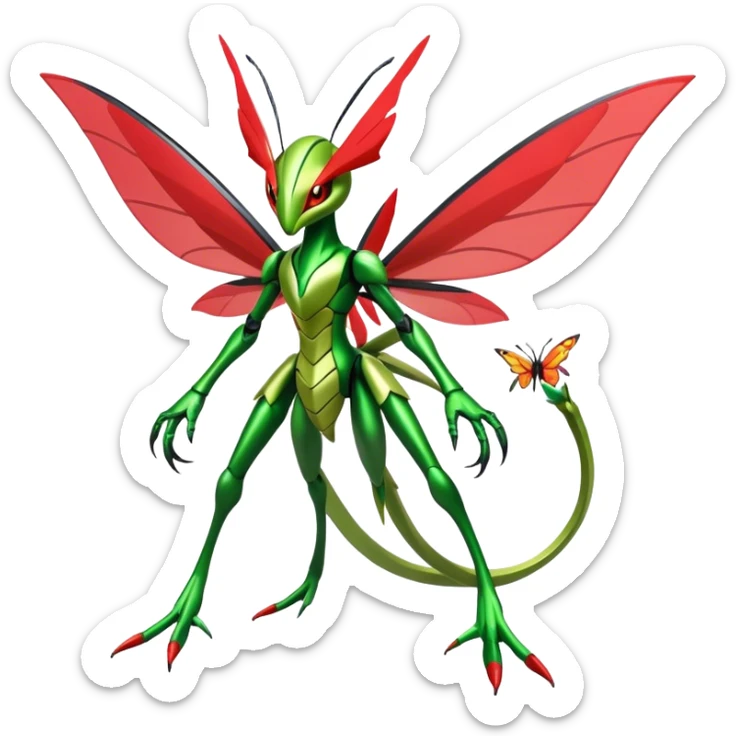  Cool Edgy Shiny Futuristic Ethereal Legendary Scizor-Kartana-Digimon-Schyther-Flygon-hybrid full body with butterfly wings sticker