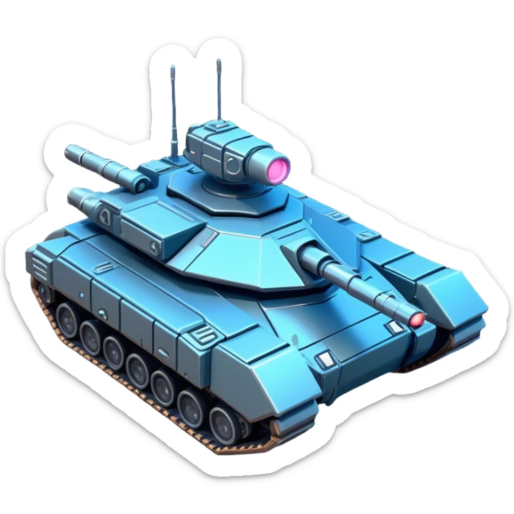 Clash of Clans aesthetic: Cinematic Playful Space Tank Emoji, rendered in a 3D vector-style similar to standard emojis with minimal shading and bold, simplified shapes. A robust, isometric armored vehicle with sleek futuristic plating and energy cannons, softly glowing with a high-tech cosmic combat charm. Simplified yet unmistakably iconic, highly detailed and consistent, glowing with a soft radiant shine and high gloss. Stylized with a touch of intergalactic warfare and a soft glowing outline, capturing the essence of a futuristic battle machine with a friendly, playful spirit! sticker