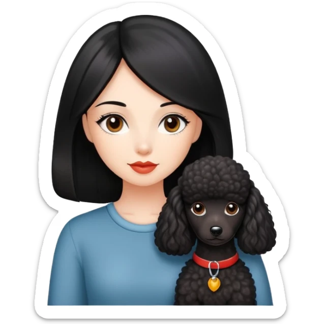 A beautiful girl with fair skin has long straight black hair and a miniature reddish-black Poodle  sticker