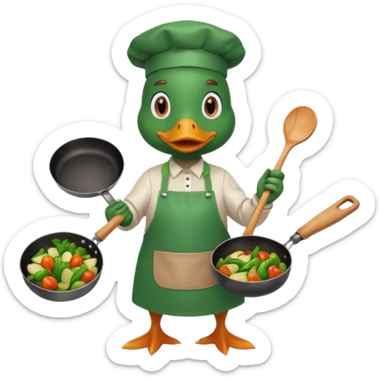 A duck holding a frying pan with sizzling vegetables, wearing green apron sticker