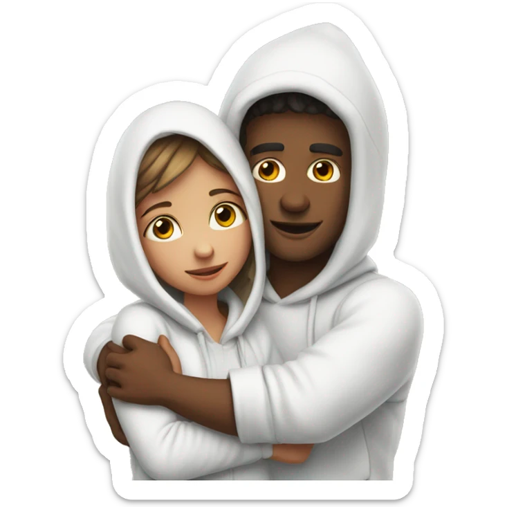 An emoji of a man wearing a white hoodie, standing next to his sister. He is hugging her warmly, showing a close sibling bond sticker