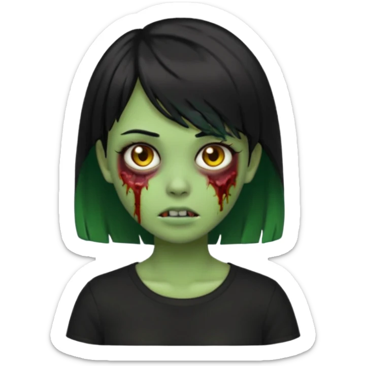 Emoji zombie girl verde com cabelo preto liso  curto com franja pro lado com uma blusa preta sticker