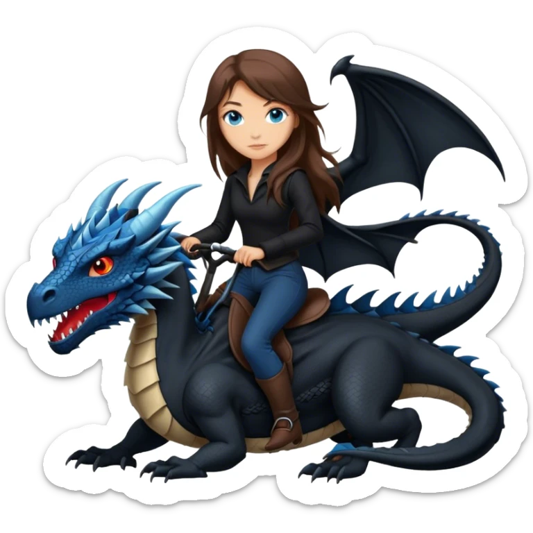Me, a white female with long brown hair and blue eyes, wearing nothing but black clothes, and riding a VERY BLACK wyvern/dragon with HINTS of RED, to your work sticker