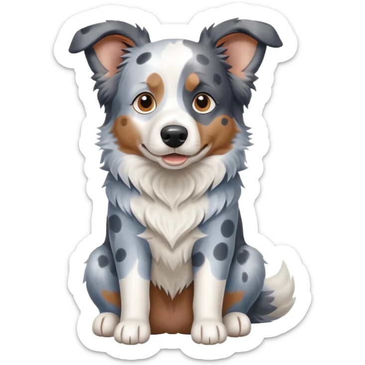 A merle border collie dog sitting, with blue and gray spotted coat, alert ears, and friendly expression sticker