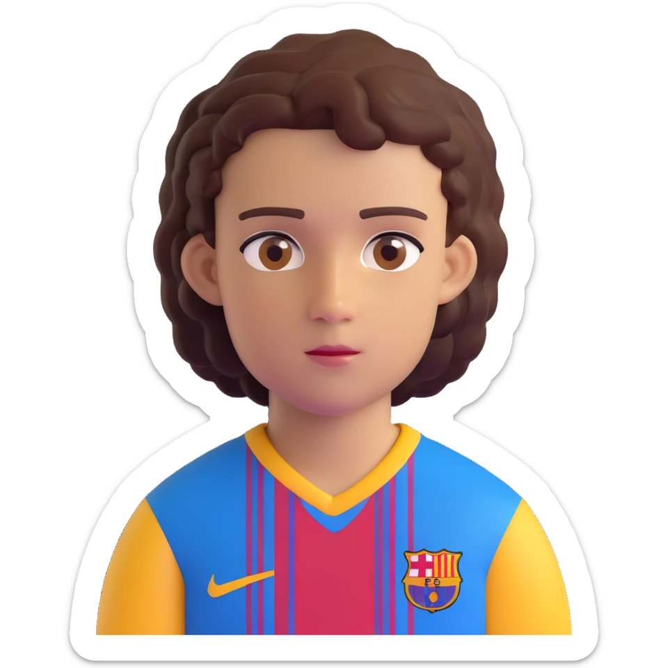 avatar of a young footballer inspired by Lamine Yamal, blue and red striped Barcelona kit, youthful features, short curly hair, brown eyes, confident expression sticker