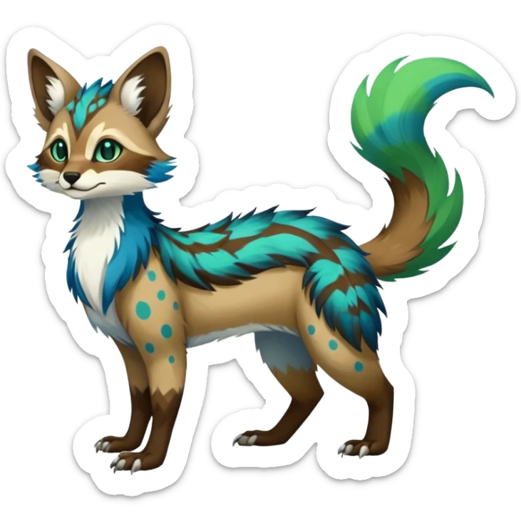 Feral Rare Fantasy vibrant colorful Vernid-Trico-species by LiLaiRa, random markings, tufted tail, tufted ears, full body sticker