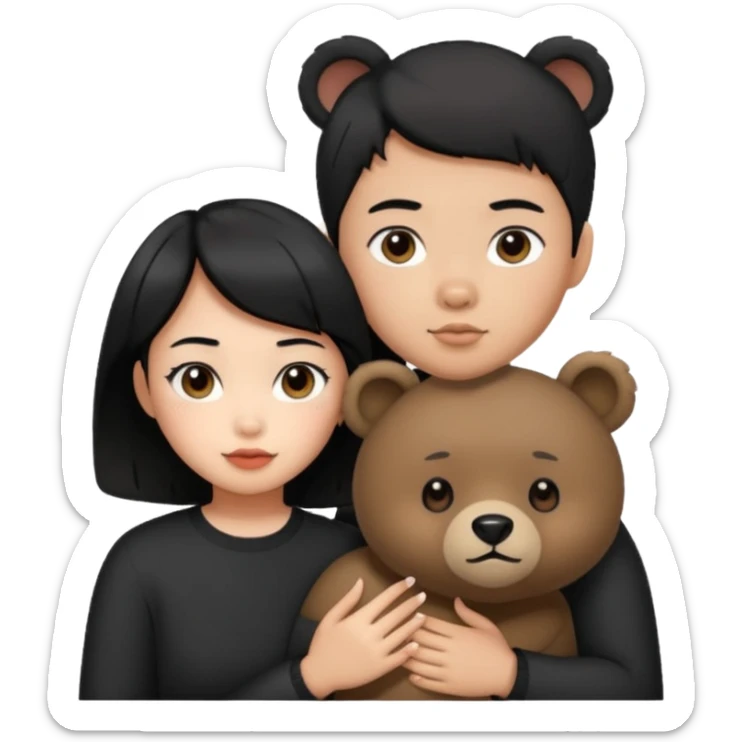 An elegant bear in love with a sexy Asian girl with short hair wearing black sticker