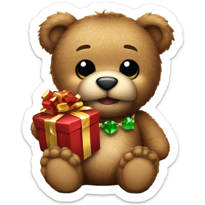 gruff teddy bear holding a gift that sparkles and a shot glass of liquor  sticker