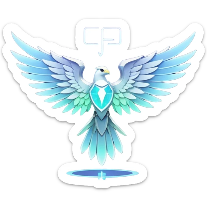 Holographic Falcom in brand color #AAD4C4. It stands proudly with wings slightly lifted in front of touchboard glass screen. A small glowing "REC" button floats next to it. It's confident, energized. There is a J letter on his chest in color #EF7F33. Light holographic outlines and slight neon glow sticker