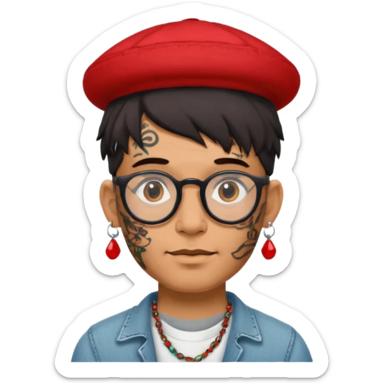 unique looking tourist with big unique red tourist hat and earrings, man with lots of tattoes and spectacles, hair showing sticker