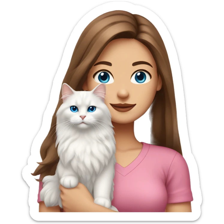 woman with long brown hair and pink shirt and holding a all white Siberian cat with blue eyes sticker