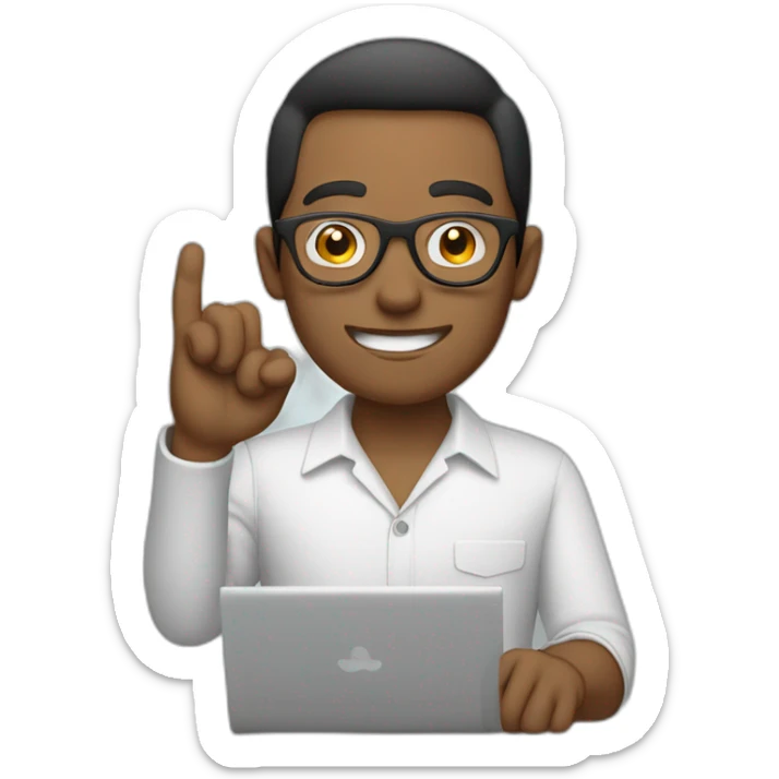 man wearing glasses and holding a computer in his right hand and signaling OK with his left hand sticker