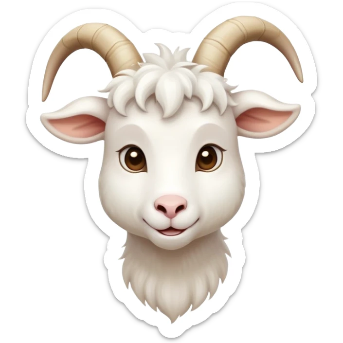 cinematic-cute-white-goat-portrait-emoji,-head-tilted-playfully-and-inquisitively,-featuring-a-fluffy,-immaculate-white-fur-with-charming-curved-horns,-round,-sparkling-eyes-filled-with-gentle-curiosity,-simplified-yet-irresistibly-adorable sticker