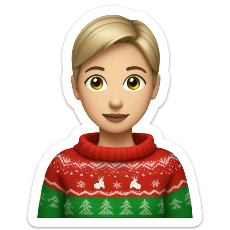 Light brown short haired girl with green eyes drinking coffee wearing red Christmas sweater sticker