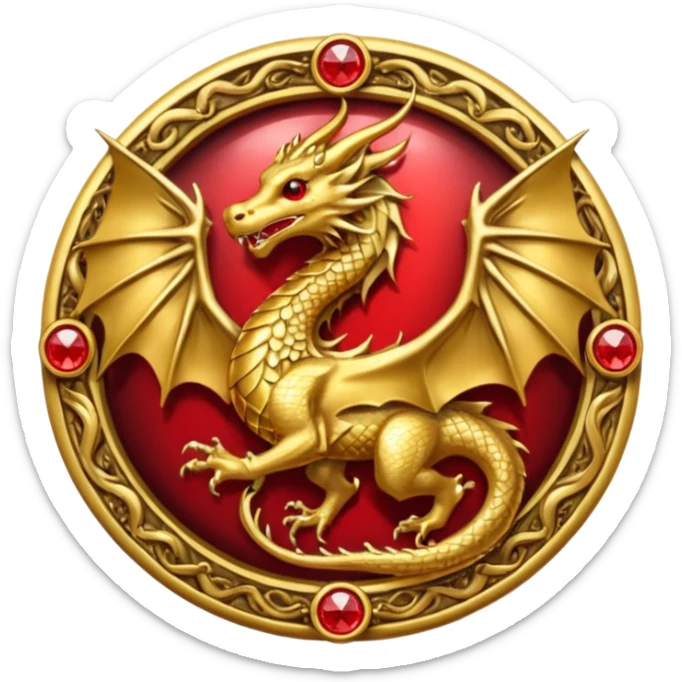 Golden dragon with wings crest / brosch in a circle with red gems and no background sticker