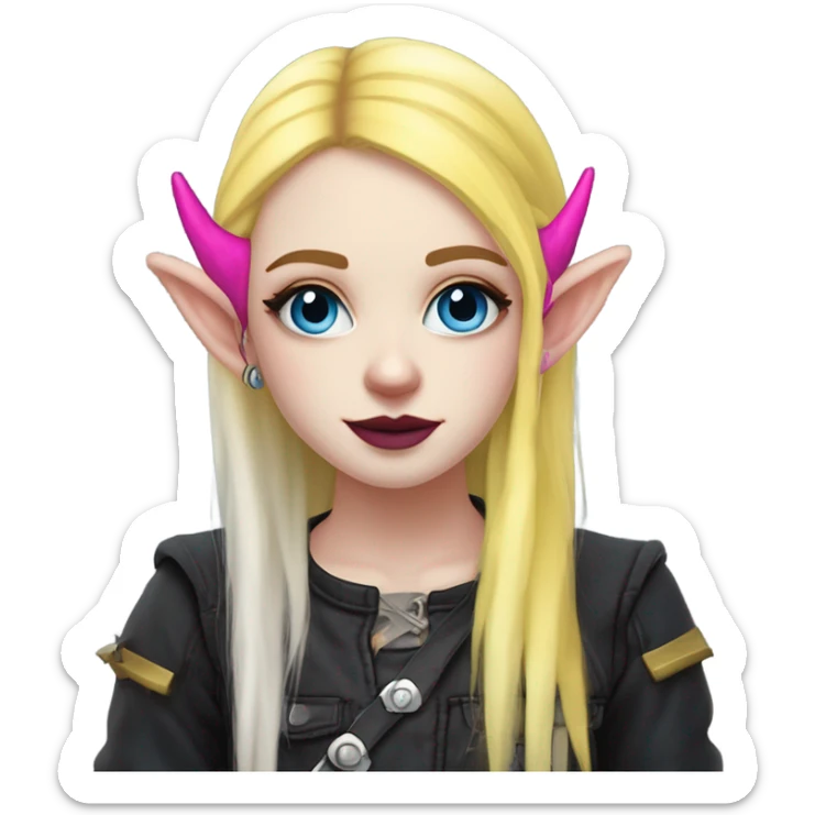 Blue eyed long eye lashes blonde  pale hime gyaru girl, hot pink and yellow split-dyed hair, nose ring, elf ears, dark makeup, punk clothes sticker