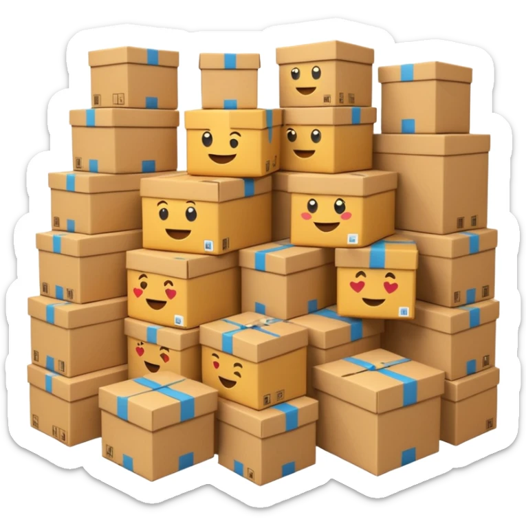 Generate a realistic emoji-style of a overfilled storage room where the packages dont have much space and everything seems chaotic and te packages are falling over sticker