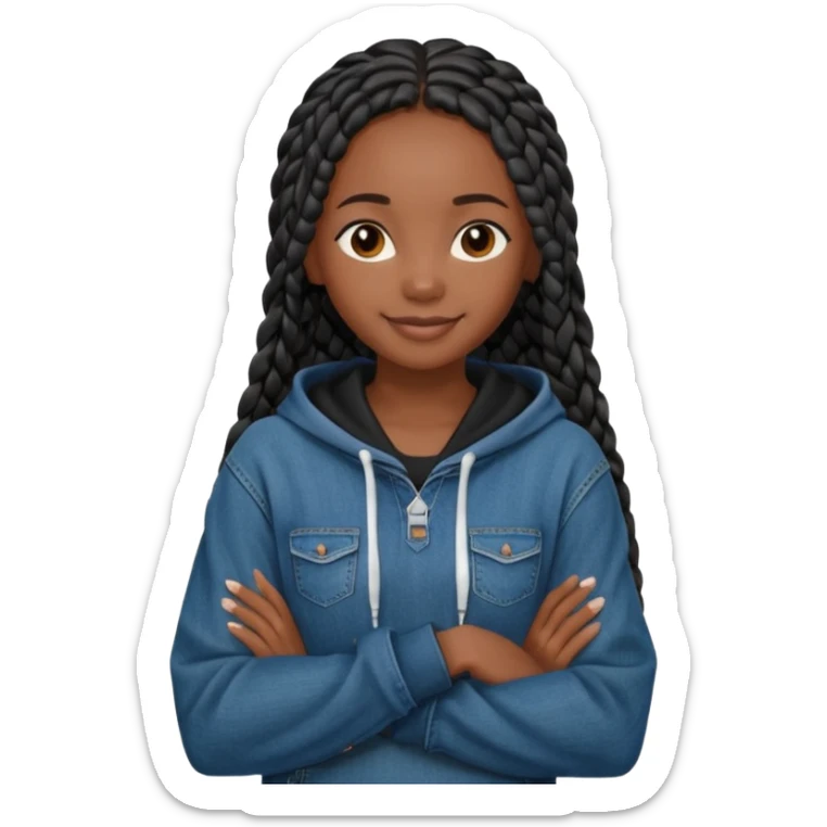 African American dark skin girl with long black box braids wearing a black hoodie with denim skinny jeans with arms folded across chest sticker