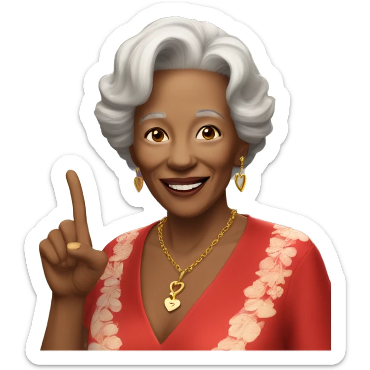 An older woman in a red silk top is smiling and giving a peace sign. She is wearing gold jewelry, including a necklace with a heart pendant. She is standing in a room and the red door is partially visible in the background. sticker