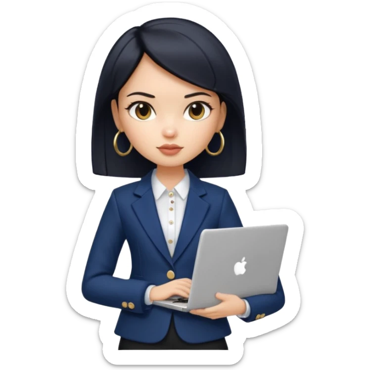 a pretty bratz girl with straight black short hair wearing a dark blue blazer and carrying a laptop. gold small hoops sticker