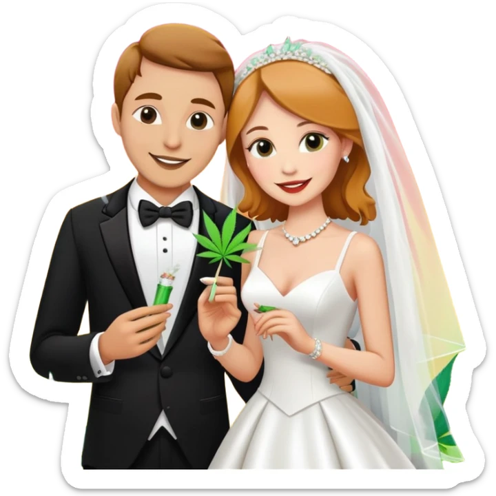 Bride in white dress and groom in tuxedo sharing a cannabis joint, cheerful cartoon wedding couple with vibrant colorful background sticker