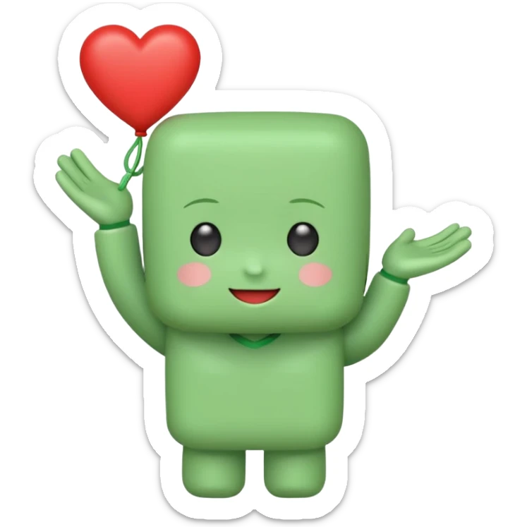 A cute green block-headed mascot with a happy face and blush, wearing “FGH” on its chest. It holds a shiny red heart in one hand. Chibi style, soft glow outline, cheerful and friendly. sticker