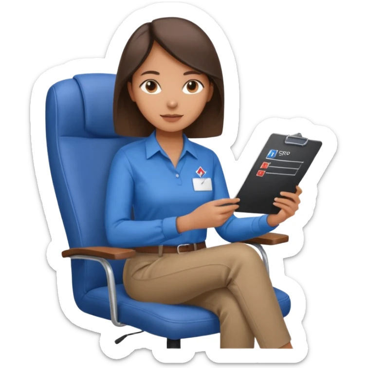 Generate an emoji of a female AI ethicist in blue shirt brown pant sitting in a chair and has a checklist stating AI ethics elements like stop bias, fairness score sticker