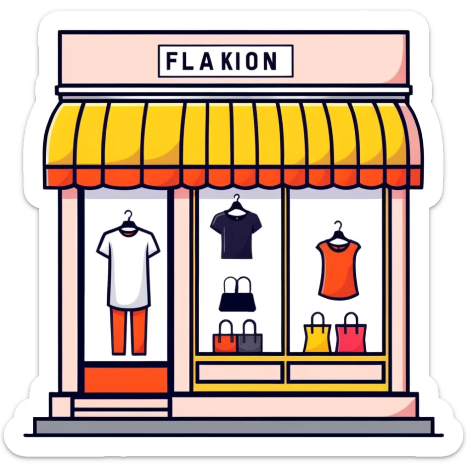 Boutique shop window with price tags and fashion items sticker