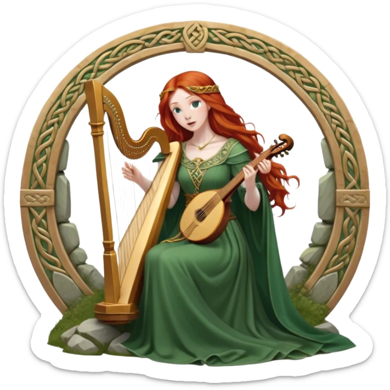 A woman with flowing red hair, wearing a green medieval gown with a golden belt, playing a harp in a stone circle, Celtic fantasy setting, detailed  sticker