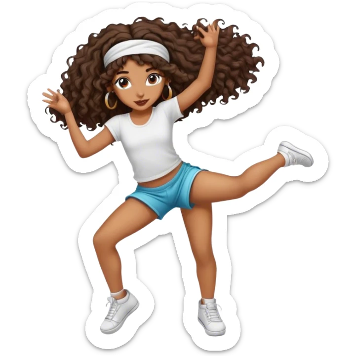 Dancing brown girl with long darn brown curly hair with headband hip hop sticker