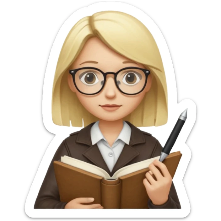 writer holding pen in hand and closed book in other hand, with blonde hair and wearing glasses sticker