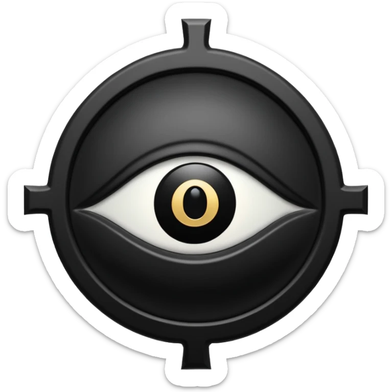Minimal emoji, gothic religious relic made of matte black metal, engraved eye symbol above a number 8, ancient sacred fashion artifact aesthetic, sculptural form, no glow, no neon, flat emoji style, centered, transparent background sticker