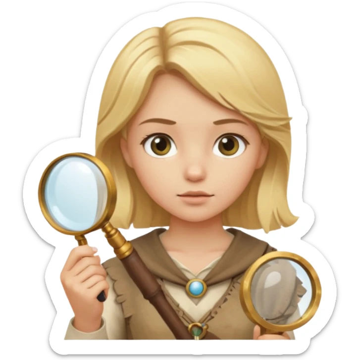 blonde haired girl in archaeological outfit, holding magnifying glass sticker