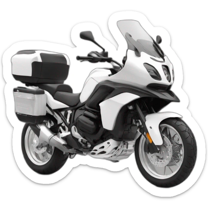 Moto tipo rally viajera sin alforjas y con maletero blanco y negro sticker