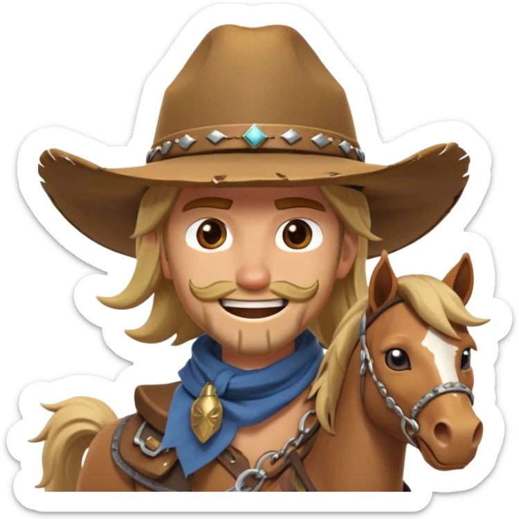 clash-of-clans-aesthetic_-cinematic-playful-cowboy-portrait-emoji, head-tilted with a roguish, cheeky grin and twinkling eyes, featuring a wide-brimmed cowboy hat and a weathered bandana on tan skin, riding a powerful galloping horse with dynamic flowing mane, reins gripped firmly in one hand and a lasso in the other, as dust swirls behind them in a vast desert landscape. sticker