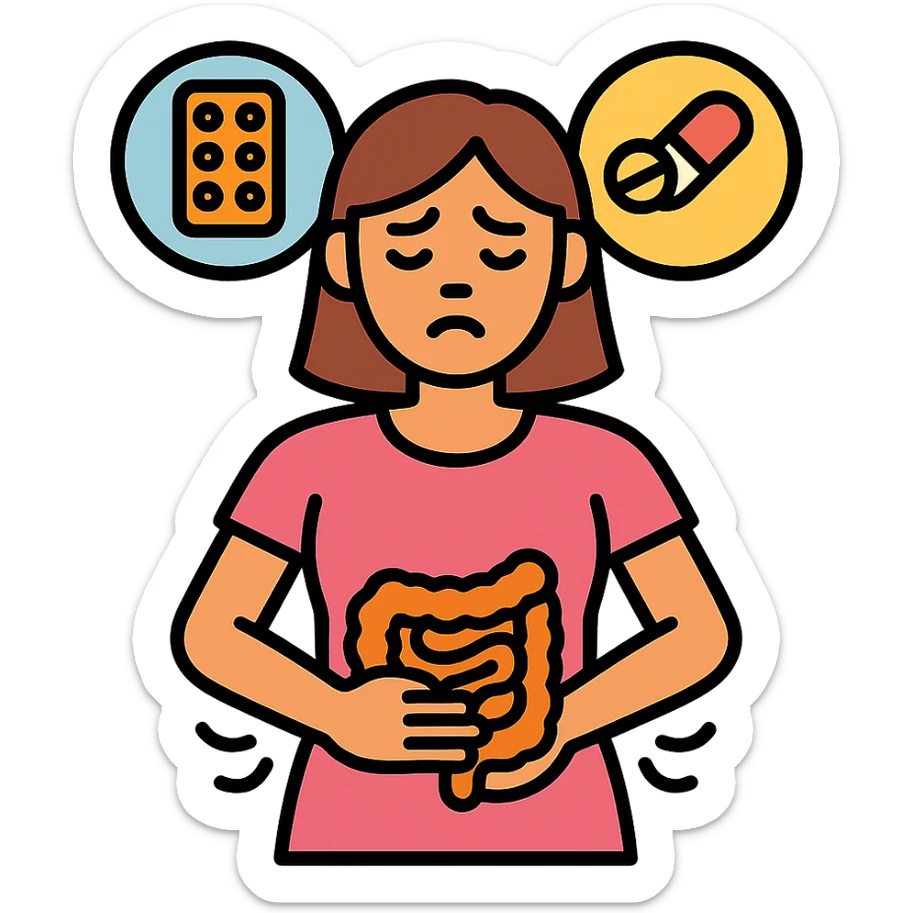 woman with intestinal dysbiosis caused by wrong supplementation, medical infographic style, suffering expression, clinical details, supplement icons, neutral background sticker