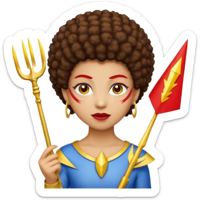 Emoji metisse femboy mais plus masculin avec drapeau ukrainien arriere plan, un afro, sourcils rouge, fourche trident, et eclairs et sur fond bleu clair irrisé. Peau lightskin, yeux marron et cheveux marron bouclés mais en mode afro pixi cut sticker