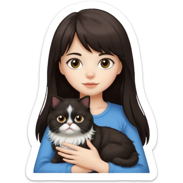 a girl with long, dark brown hair and bangs, carrying a black and white fluffy Persian cat sticker
