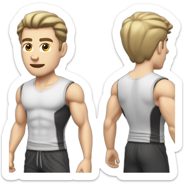 Confused Pale skinned Fit Man With the biceps and dark brown hair in black shirt, gray sports shorts and white Sneakers sticker