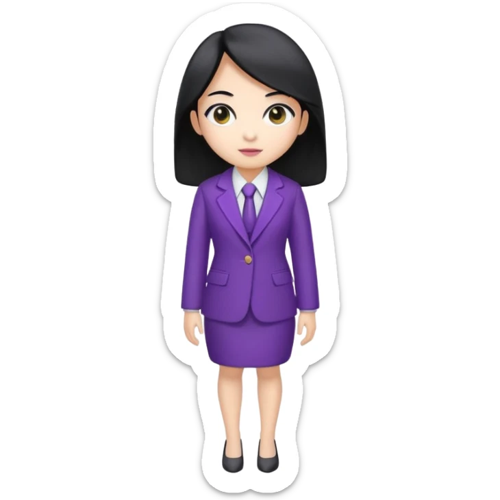 a full body mascot emoji of an Asian female with white skin, big eyes, middle-length black hair which is right at the shoulder, wearing purple business coat and formal suit. Cartoon style. Based on https://attic.sh/fo2aiwi8rc6a78g57vqif7y6z117 sticker