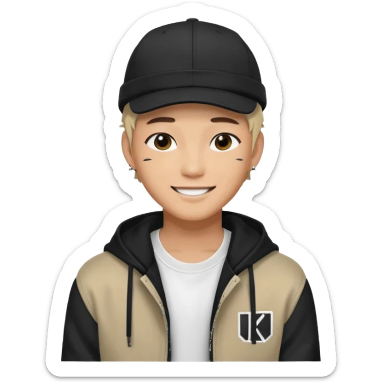 Portrait of a male K-pop idol, wearing a stylish streetwear outfit with layered clothing, makeup, wearing a black cap, happy sticker