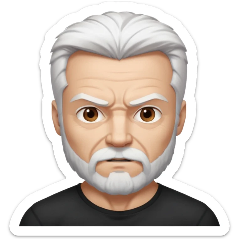 White haired muscled adult man with a black t-shirt. He has white beard with a long goatee. Dark brown eyes and some wrinkles. Attractive, Wolverine vibes. sticker