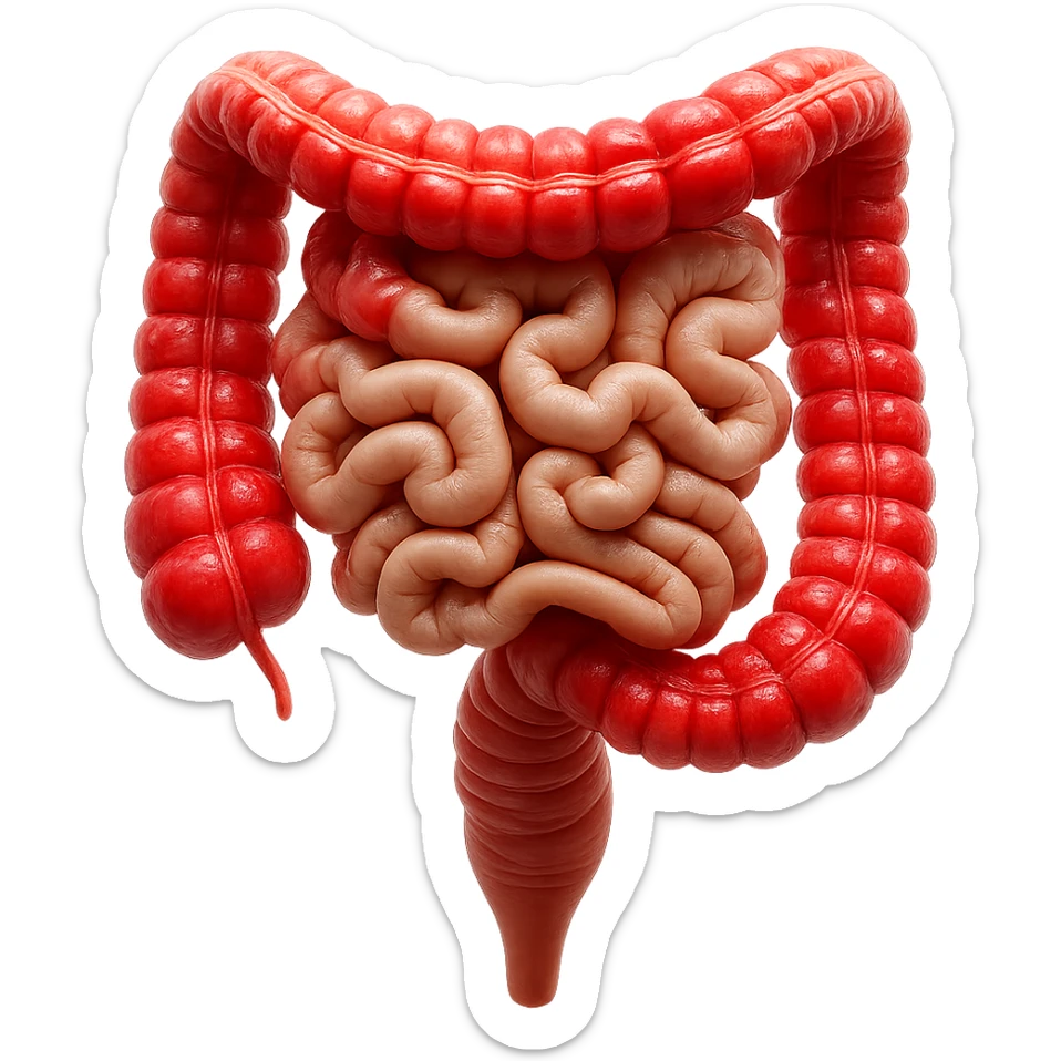 intestino umano anatomico realistico con gonfiori e rossori sul colon iperrealistico 4k sticker