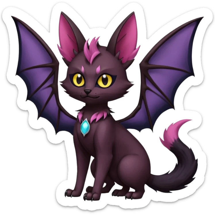 Black edgy Swoobat-Noibat-Purloin-Torracat-Lykoi-Caracal-cat-Fakemon-fusion-hybrid-creature with with tufted ears, tufted tail, bat wings as ears, head wings, ear wings, vampiric, batty sticker