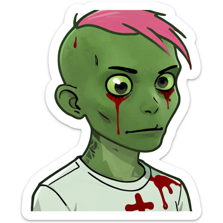 green zombie boy with blood with scratches, pink hair and eyebrows, and a white shirt sticker