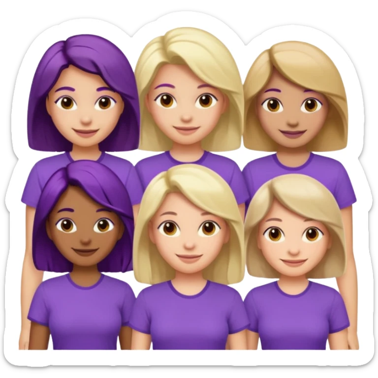 women with various hair types and skin tones, purple shirt, one of each type in a group sticker