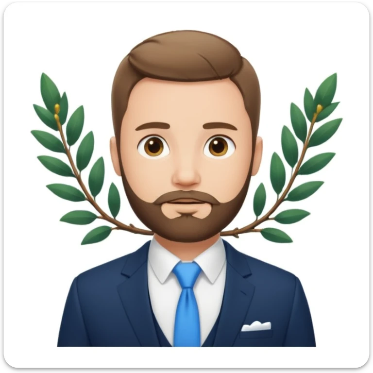 emoji-style portrait of man with short hair and beard, in suit and white shirt, blue background with white laurel branch sticker