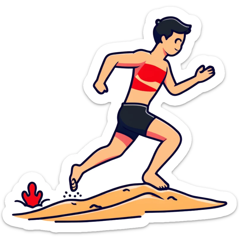 person hopping on hot beach sand with red pain marks on foot and steam rising from the sand sticker