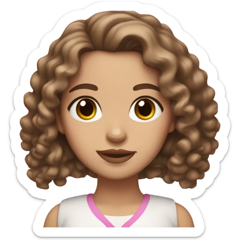 White girl with brown eyes and curly brown hair down to her shoulders with pink lips sticker